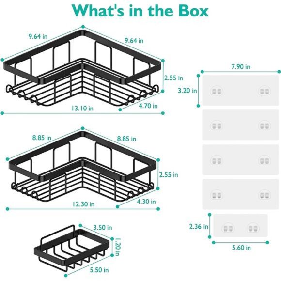 Corner Shower Caddy, 3-Pack Adhesive Shower Caddy with Soap Holder and 12 Hooks - Picture 6 of 6